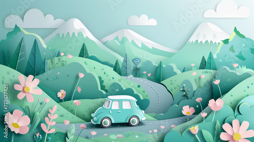 Beautiful journey road trip with car in spring and paper cut style natural pastel color scheme background. photo