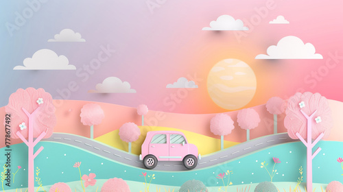 Beautiful journey road trip with car in spring and paper cut style natural pastel color scheme background. photo