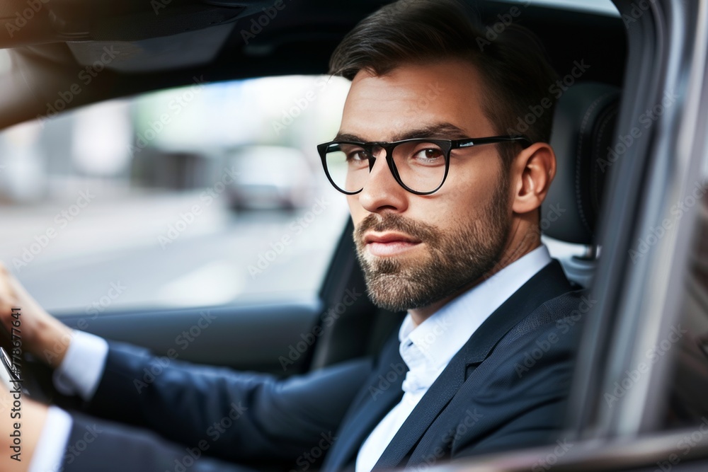 Professional Businessman in Glasses Driving His Car During the Morning Commute in the City