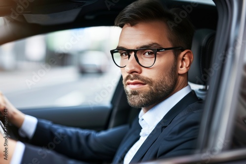 Professional Businessman in Glasses Driving His Car During the Morning Commute in the City © Olena Rudo