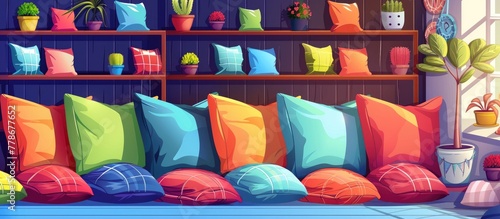 The living room features a vibrant display of colorful pillows and potted plants, creating a visually appealing artistic arrangement with electric blue and magenta accents