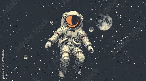 Vintage styled graphic with Astronaut wearing spacesuit floating in galactic void. photo