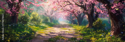 nature's awakening with striking oil paintings of Easter Monday backgrounds showcasing blooming cherry blossoms and fresh greenery.