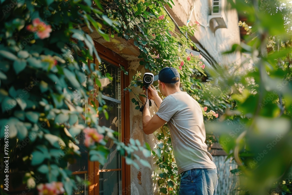 A young man mounts a video camera on the facade of a house decorated with plants. A young man mounts a video camera on the facade of a house decorated with plants.