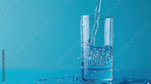 A glass of clear water is filled on a blue background.