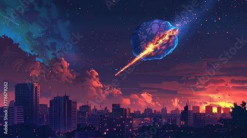  Falling meteorite over night city