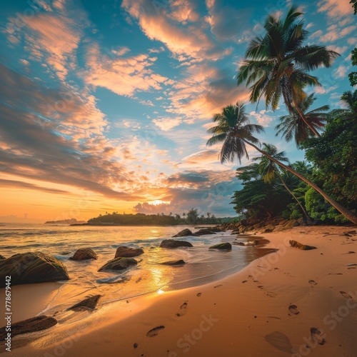 Beach With Palm Trees and Sunset