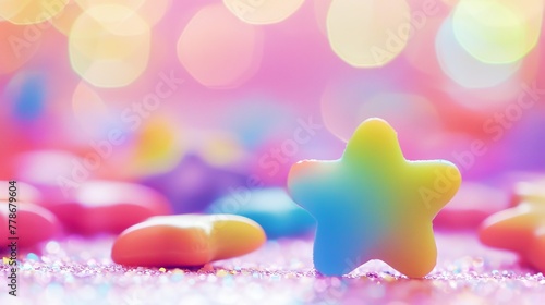 Colorful starshaped candy on pastel background with bokeh lights photo