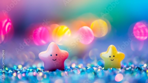 two cute smiling stars, made of candy with pastel colors and glitter on the background