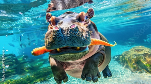 A hippo's mouth is open with a carrot inside, in an underwater photography style photo