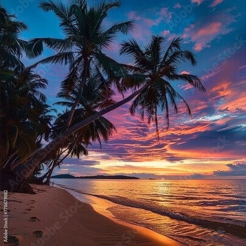 Sunset on a Tropical Beach With Palm Trees