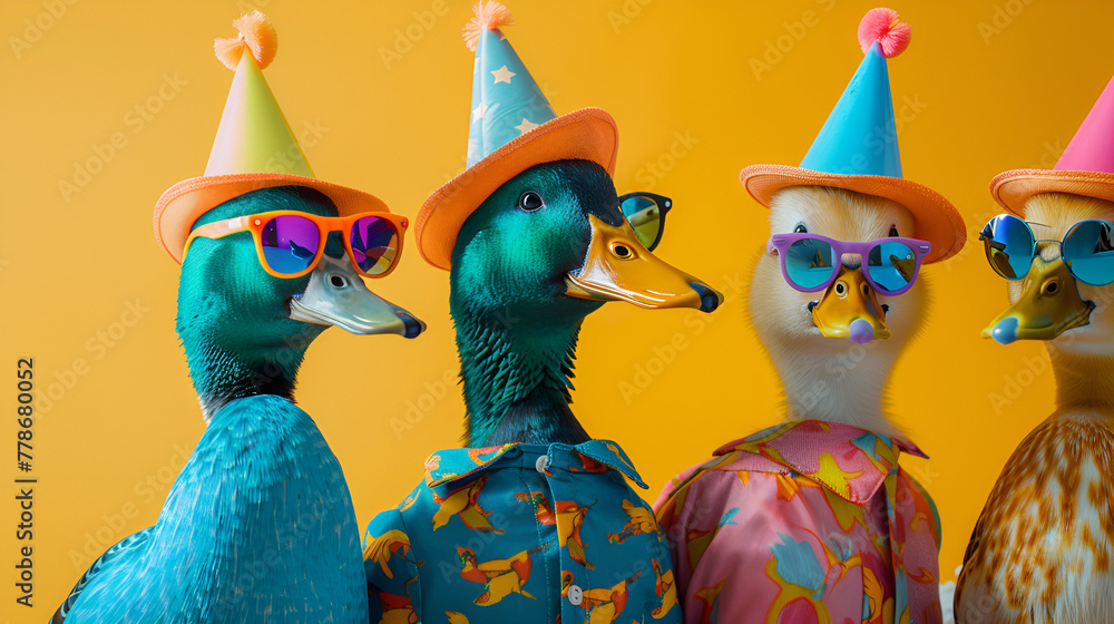 Creative animal concept Duck bird in a group of vibrant bright fashionable outfits isolated on a solid background , generative Ai