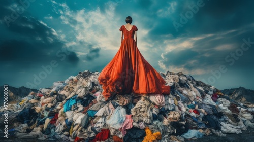 Fashion Waste Crisis a Visual Representation in a Landfill  photo