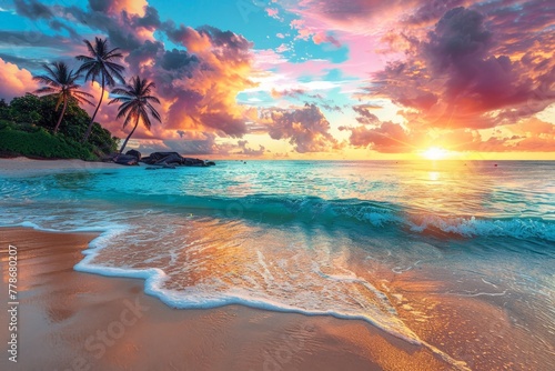 A Beautiful Sunset Over the Ocean With Palm Trees