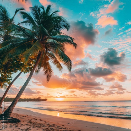 Stunning Sunset at a Beach With Palm Trees © BrandwayArt