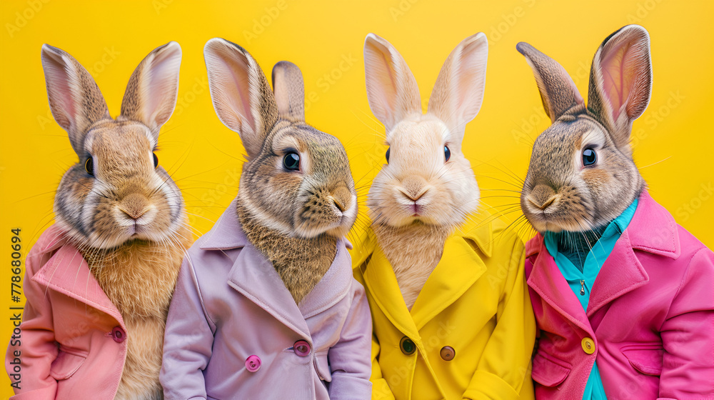 Creative animal concept Rabbit Bunny in a group vibrant, generative Ai