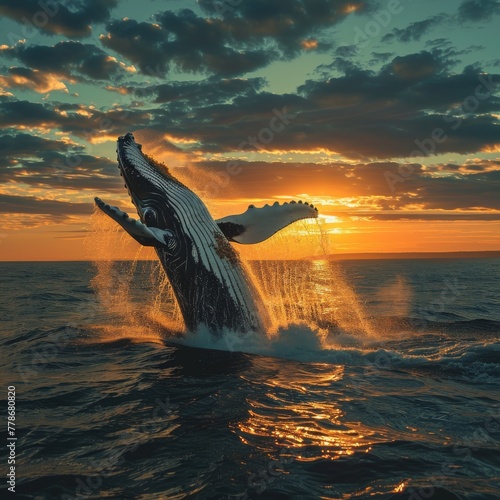 Whales breaching during a sunset © AlexCaelus
