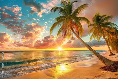 Two Palm Trees on the Beach at Sunset
