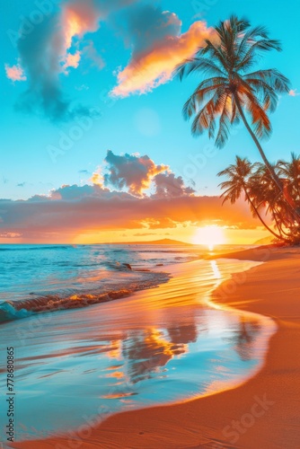 Beautiful Sunset on Tropical Beach With Palm Trees