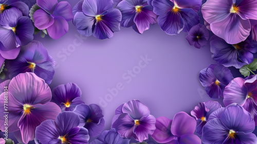 A beautiful frame of vibrant purple pansies against a calming violet background with copy space