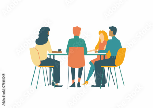 Casual Business Meeting Illustration, Eco Vintage 60's Palette - Vector Corporate Teamwork.