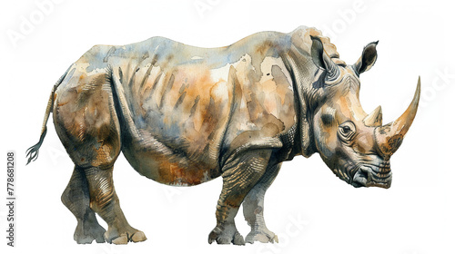 Rhino  Rhinoceros  in watercolour Isolated on white background.