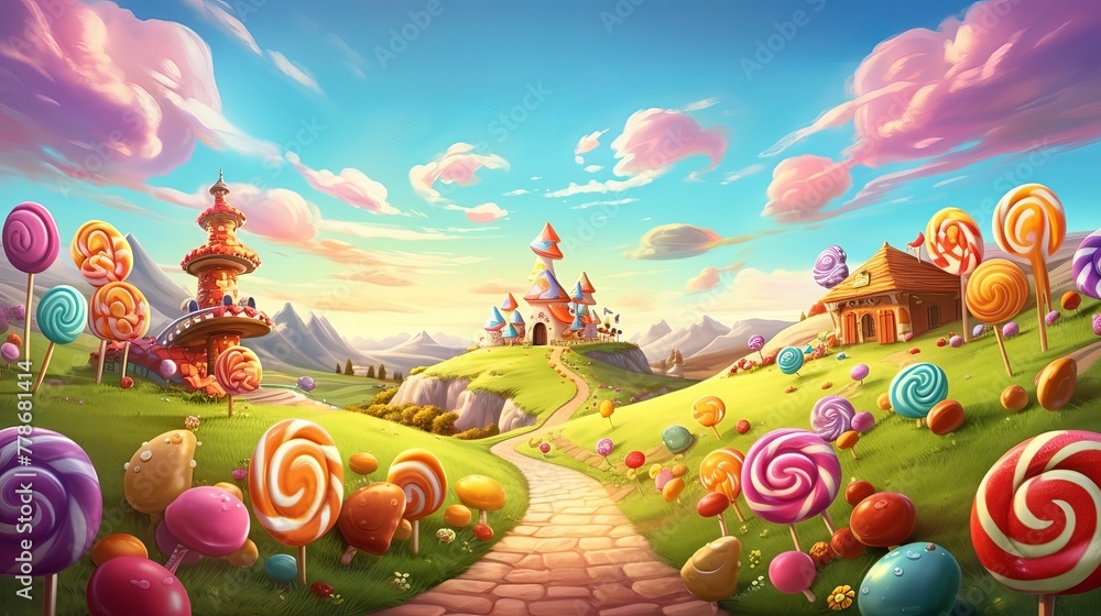 Enchanted Candy Landscape with a Path Leading to a Magical Castle Amidst Colorful Hills and Skies Enchanted Candy Landscape with a Path Leading to a Magical Castle Amidst Colorful Hills and Skies