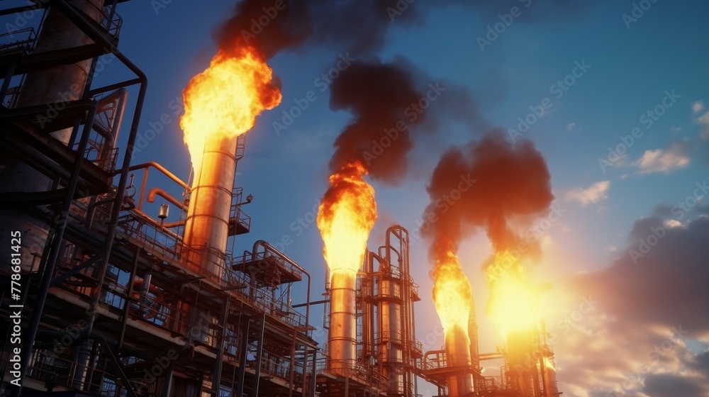  Flare stacks at oil refinery release combustion byproducts .