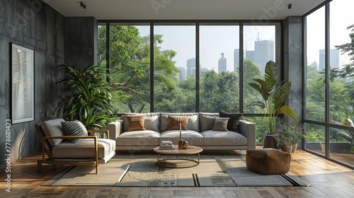 A living room with a large window overlooking a city. The room is decorated with a couch, a coffee table, and a potted plant. The atmosphere is cozy and inviting
