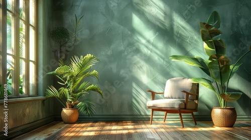 A room with a green wall and a chair in the middle. There are two potted plants, one on the left and one on the right. The room is bright and airy, with sunlight streaming in through the windows