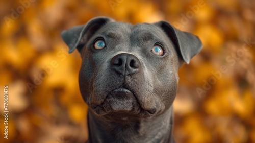 a close up of a dog's face with a blurry background of leaves in the foreground and a blue - eyed dog in the foreground.