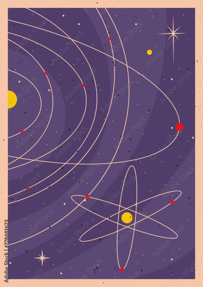 Retro Space Poster Template. Mid Century Modern Colors and Style, Solar System and Atom, Aged Texture pattern - obrazy, fototapety, plakaty 