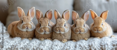a group of rabbits sitting next to each other on top of a white blanket in front of a gray couch. © Mikus