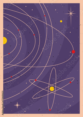 Retro Space Poster Template. Mid Century Modern Colors and Style, Solar System and Atom, Aged Texture pattern