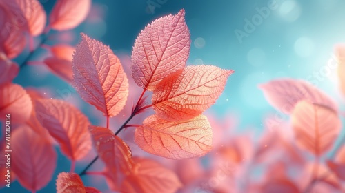 a close - up of a pink leaf on a branch with a blue sky in the backgrounnd.