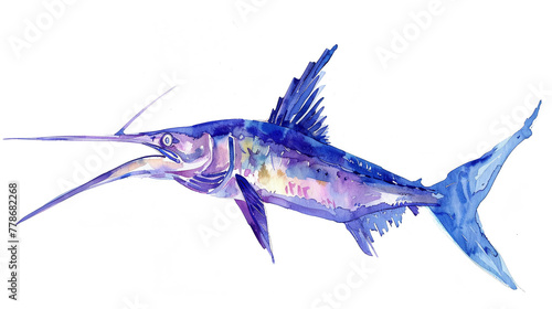 Swordfish in watercolour Isolated on white background.