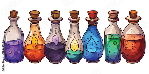 bottles isolated on white. Vector illustration featuring a whimsical assortment of cartoon-style magic potions.