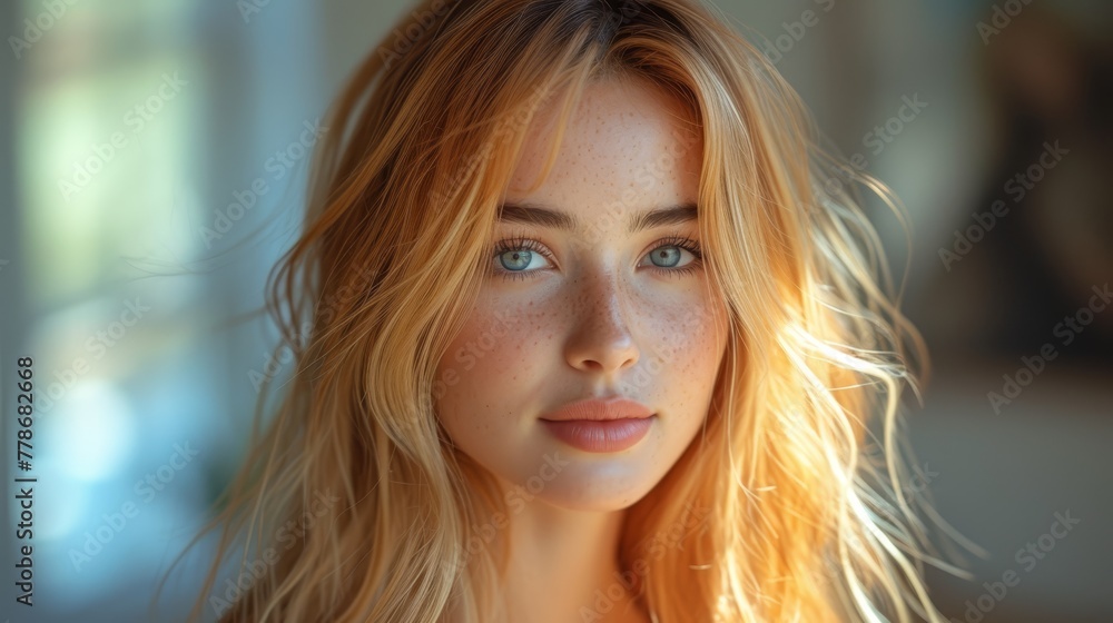 a close up of a woman with freckles on her face and freckles on her face, looking at the camera. a close up of a woman with freckles on her face and freckles on her face, looking at the camera.