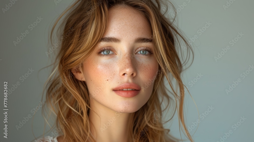 a close up of a woman with freckles on her face and freckles on her face and hair blowing in the wind. a close up of a woman with freckles on her face and freckles on her face and hair blowing in the wind.