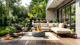 Stylish Patio Oasis: Outdoor Area with Modern Furniture, Potted Plants, and Warm Fire Pit