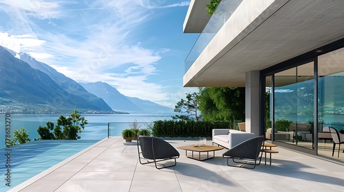 Sunny Modern Retreat: Home Patio with Panoramic View and Functional Outdoor Furniture © Muhammad