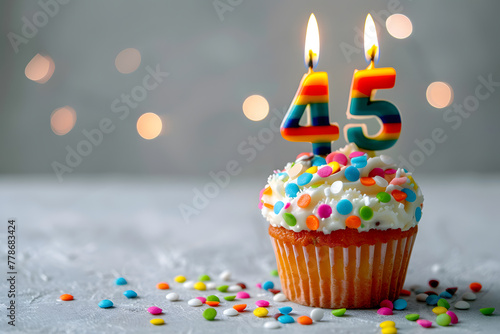 Birthday cupcake with number forty-five candle photo