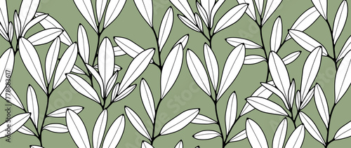Green botanical background with black and white branches and leaves. Botanical vector card, poster, banner, cover design.