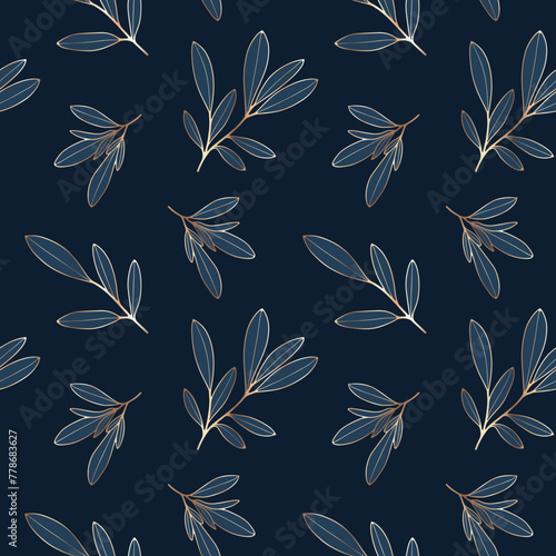 Dark blue luxury botanical vector seamless pattern with golden branches and leaves