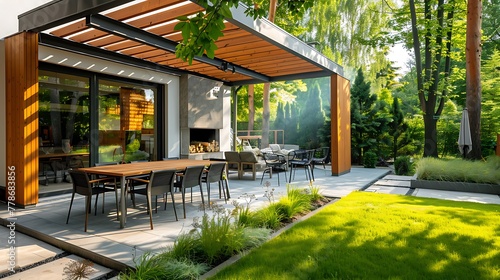 Sunny Backyard Escape: Modern Patio with Seating, Entertainment, and Cooking Space on Summer Day