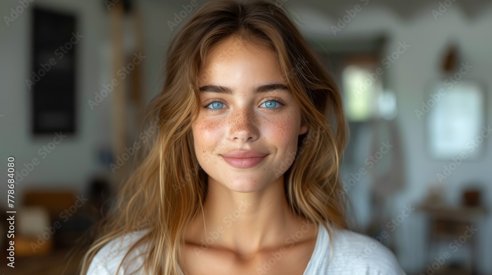 a woman with freckled hair and blue eyes is looking at the camera with a smile on her face.