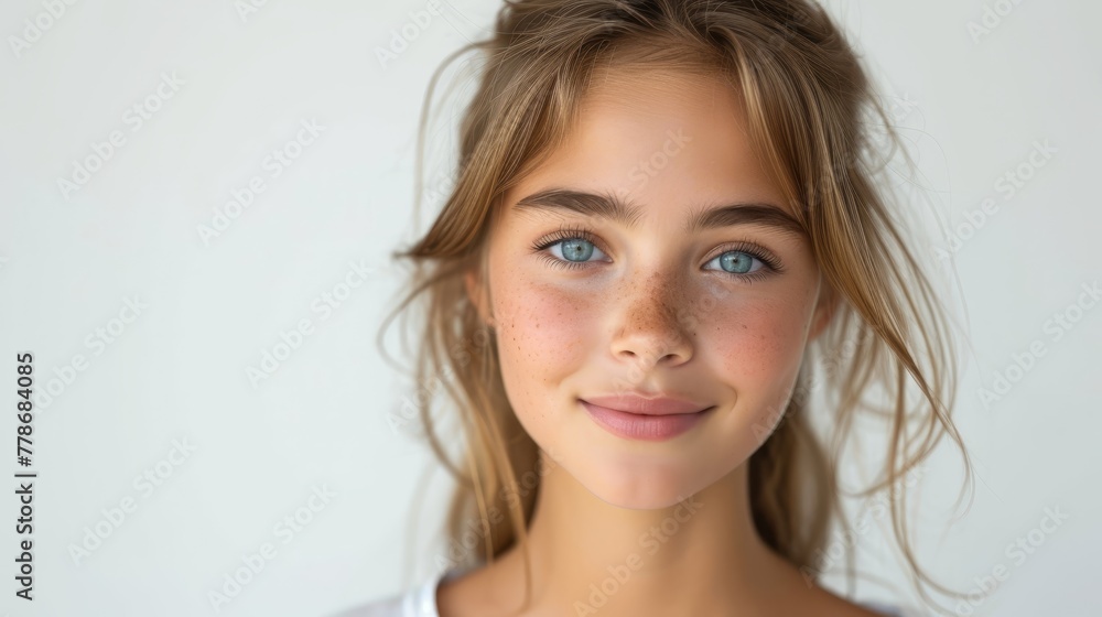 a young girl with freckled hair and blue eyes looks into the camera with a smile on her face. a young girl with freckled hair and blue eyes looks into the camera with a smile on her face.