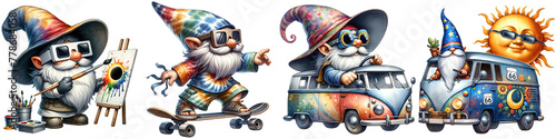 gnome, watercolor, clipart, PNG, hippie, paint, canvas, artist, skateboard, van, sun, tie-dye, glasses, whimsical, colorful, creativity, art, skate, driving, celestial, tie-dye, travel, roadtrip, bus, photo