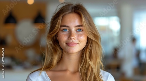 a close up of a woman with long blonde hair and blue eyes looking at the camera with a smile on her face.