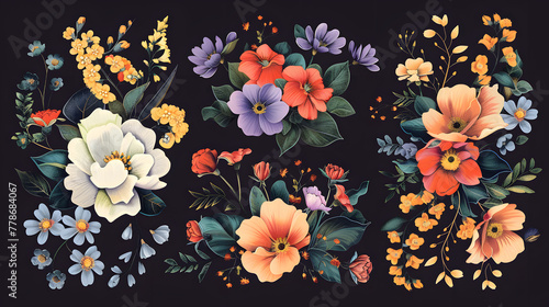 Flower and leaf pattern on dark background, seamless floral illustration background